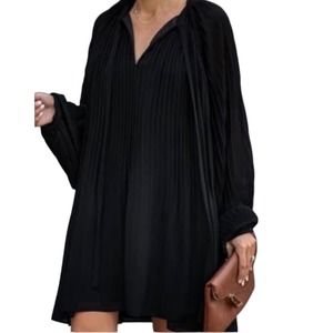 ENDLESS ROSE Black Pleated Balloon Sleeve Tie Neck Chiffon Dress Size Large